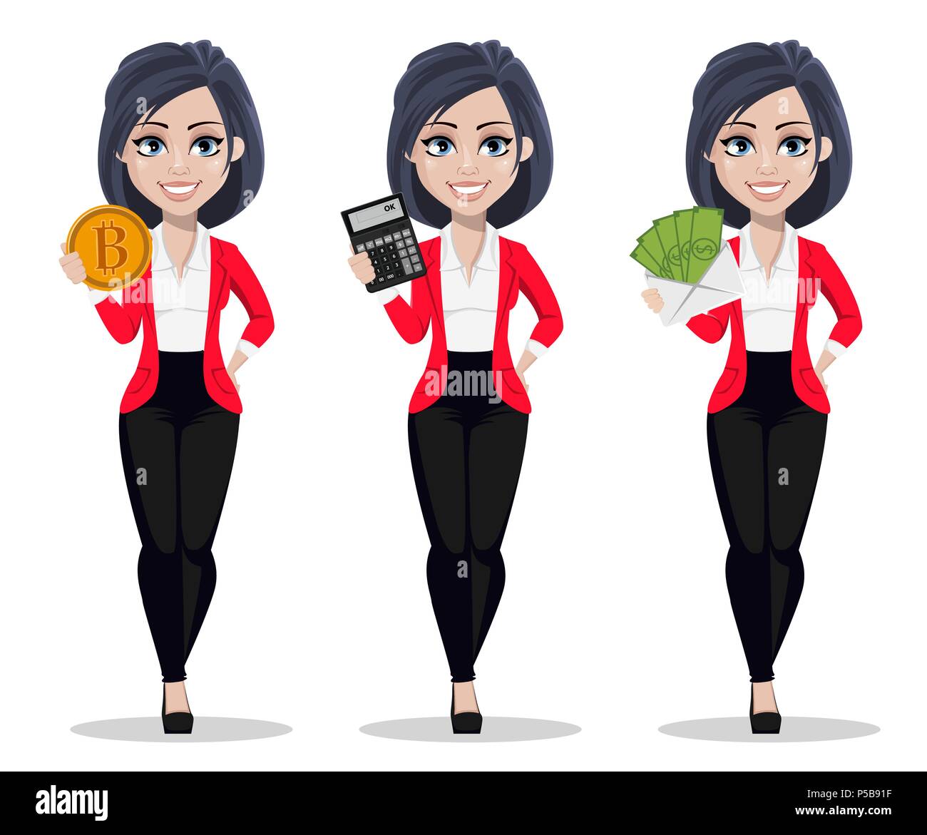 Business woman, manager, banker, set of three poses. Beautiful banker in business suit. Cartoon character holding bitcoin, holding calculator and hold Stock Vector