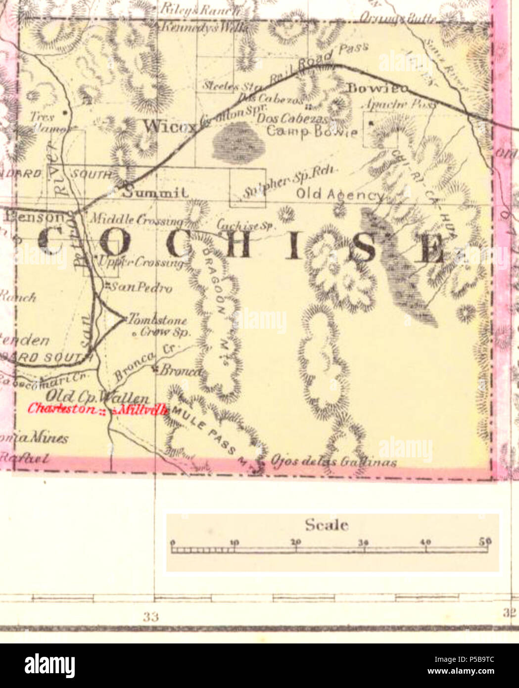 N/A. English: Portion of County and Township Map of Arizona and New Mexico. 1882.   Samuel Augustus Mitchell  (1790–1868)    Description American cartographer  Date of birth/death 1792 20 December 1868  Location of birth/death Bristol Philadelphia  Authority control  : Q3445785 VIAF:72637097 ISNI:0000 0000 8344 6251 LCCN:n50036750 NLA:35057283 Open Library:OL6342775A WorldCat    (modified by Transity to crop to Cochise County, superimpose scale marker, and highlight Charleston and Millville) 359 Cochise County, Arizona 1882 (Charleston-Millville) Stock Photo