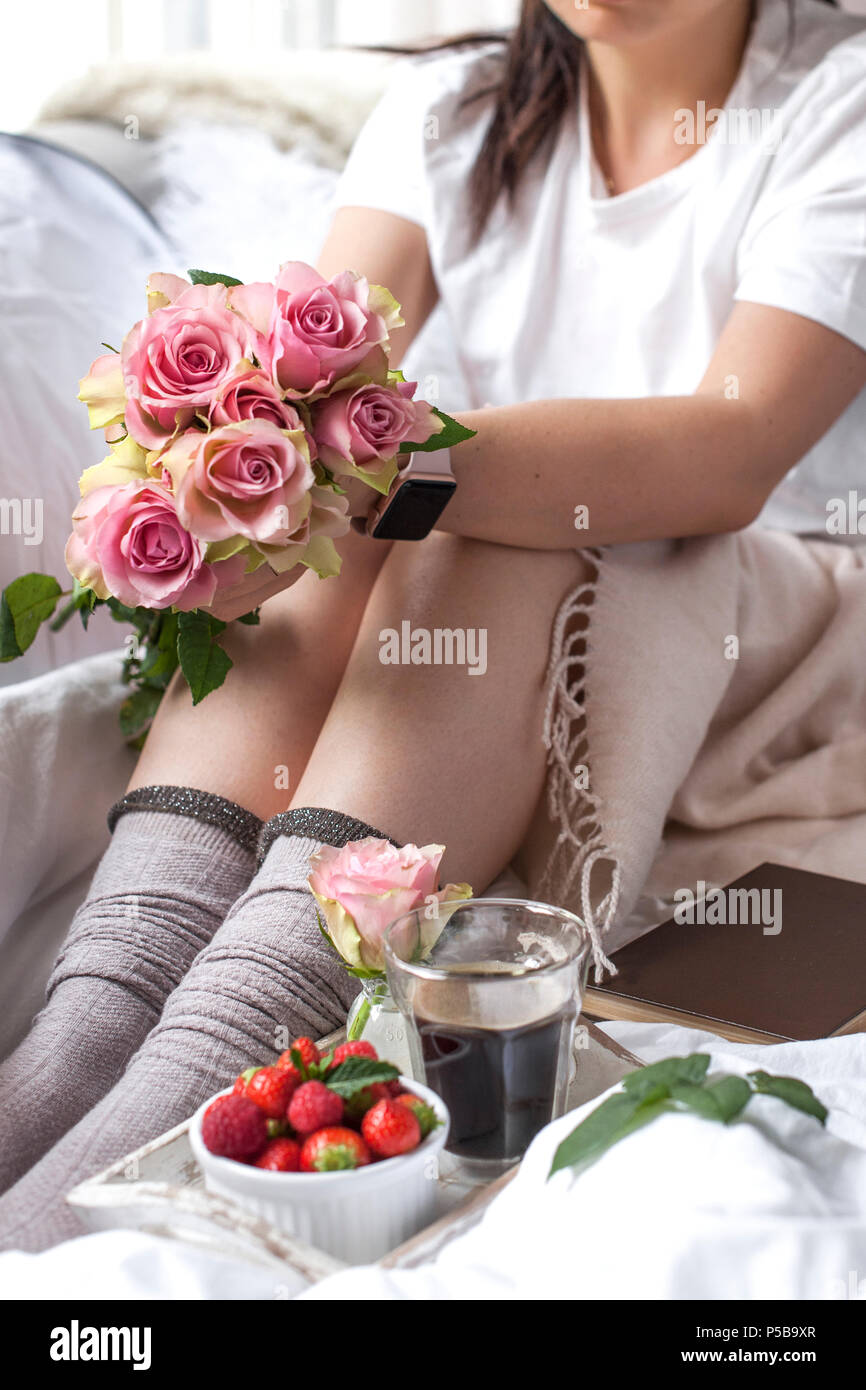 Romantic Breakfast In Bed A Bouquet Of Roses And A Fragrant