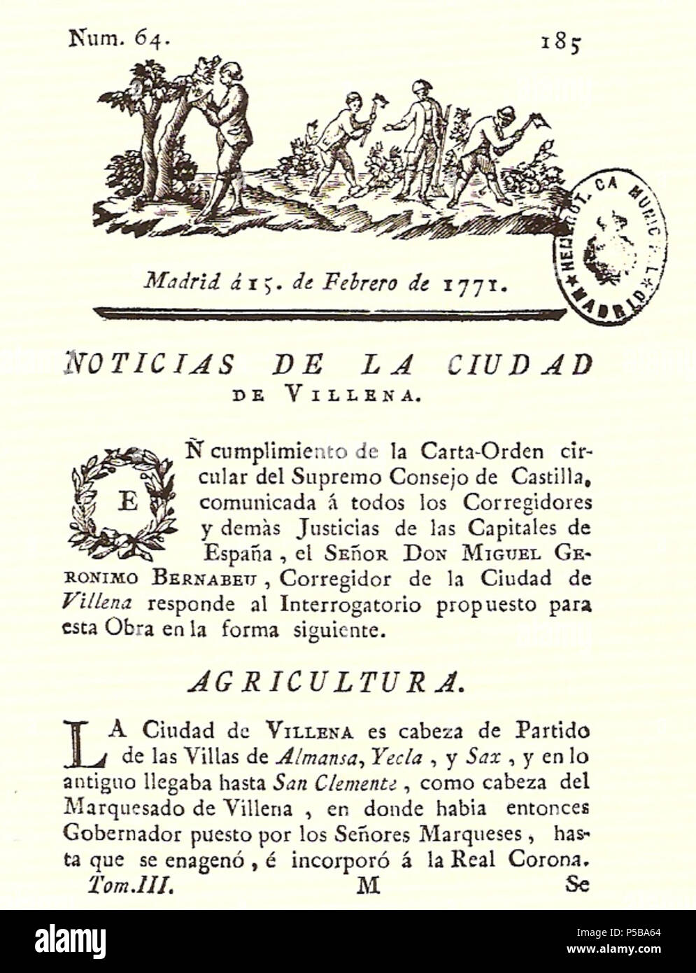 N/A. Español: Es un escaneo de la revista 'Correo General de España' que versa sobre Villena . 1771. Marino Nipho 382 Correo.1771-02-15--185 Stock Photo