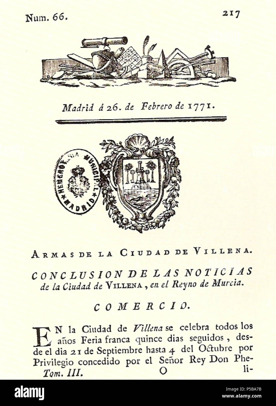 N/A. Español: Es un escaneo de la revista 'Correo General de España' que versa sobre Villena . 1771. Marino Nipho 382 Correo.1771-02-26--217 Stock Photo