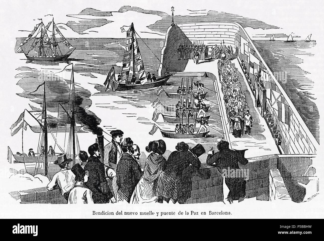 Bendición del nuevo muelle y puente de la Paz en Barcelona en noviembre de 1850. Grabado de la época. Stock Photo