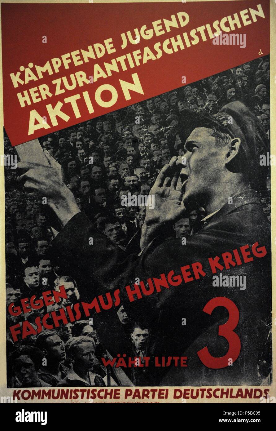 KPD poster for the Reichstag elections. July, 1932. 'Against fascism, hunger, war'. Germany. Stock Photo