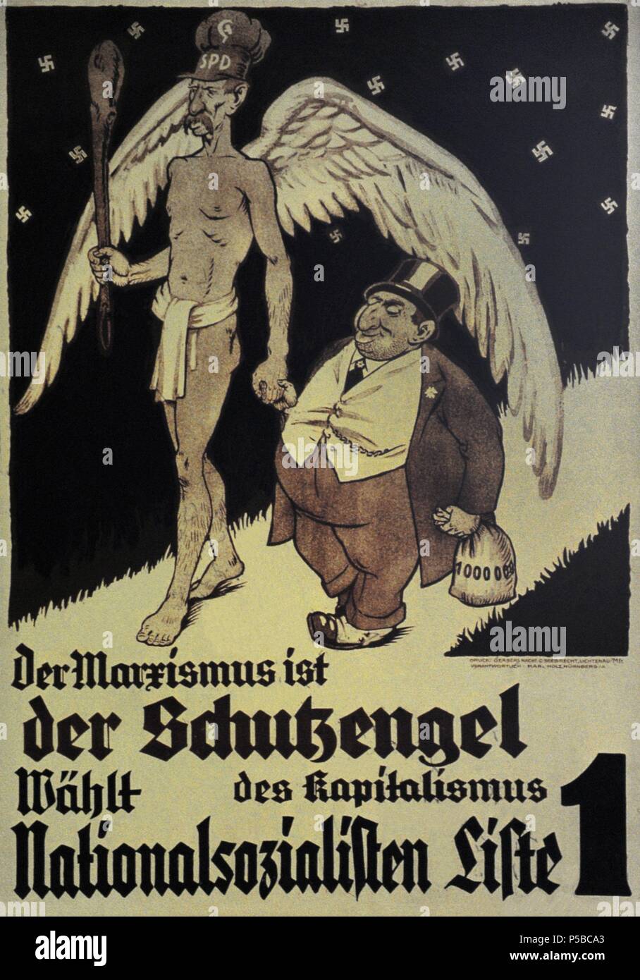 Germany. NSDAP poster for the Reichstag election. November, 1932. Marxism is the guardian angel of capitalism. Vote National Socialist. Stock Photo