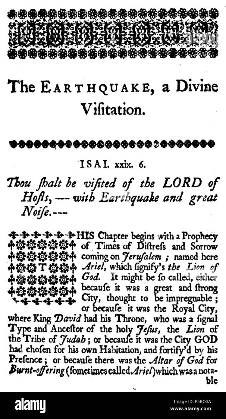 N/A. The earthquake, a divine visitation. A sermon preached to the Old Church in Boston, January 8. 1756. Being a day of publick humiliation and prayer, throughout the province of Massachusetts-Bay in New-England: upon occasion of the repeated shock of an earthquake on this continent, and the very destructive earthquakes and inundations in divers parts of Europe, all in the month of November last. By Thomas Foxcroft, A.M. One of the Pastors of the said Church. 1756. Thomas Foxcroft 23 1756 earthquake p1 byThomasFoxcroft Boston Stock Photo
