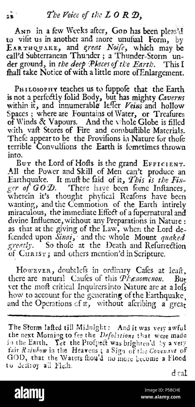 N/A. The voice of the Lord, from the deep places of the earth. A sermon preach'd on the Thursday-lecture in Boston, in the audience of the General Court, at the opening of the sessions, Nov. 23. 1727. Three weeks after the earthquake. By Thomas Foxcroft. 1727. Thomas Foxcroft 21 1727 earthquake p22 byThomasFoxcroft Boston Stock Photo