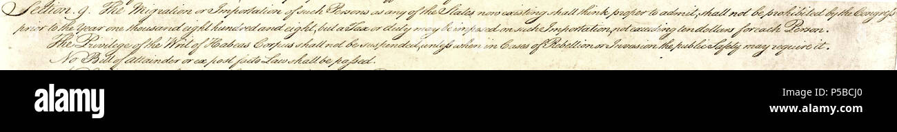 N/A. English: Cropped version of the second page of the Constitution of the United States, showing Article I, section 9. 17 September 1787. Secretary, Constitutional Convention 376 Constitution Pg2of4 AC-attainder Stock Photo