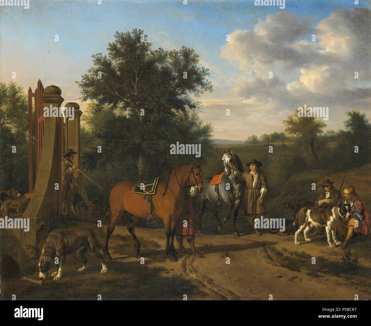 De jachtpartij .  Nederlands: De jachtpartij. Een groep jagers met paarden en honden verzamelt zich buiten de hekken van een buitenplaats. . 1669. N/A 421 De jachtpartij Rijksmuseum SK-C-249 Stock Photo