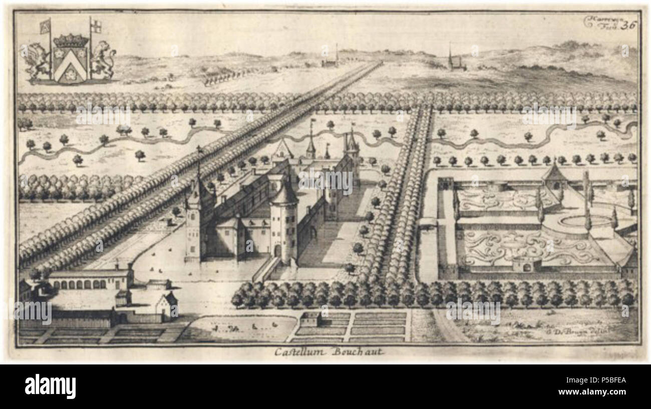 N/A. English: View on the Bouchout Castle at 1706. Peter Ferdinand Roose, Lord of Bouchout from 1678 until 1700, transformed the medieval Castle into 'Castellum Bouchaut' with many Renaissance influences. 1706. Jacobus Harrewijn (1660-1727) 226 Bouchout Castle Harrewijn 1706 Stock Photo