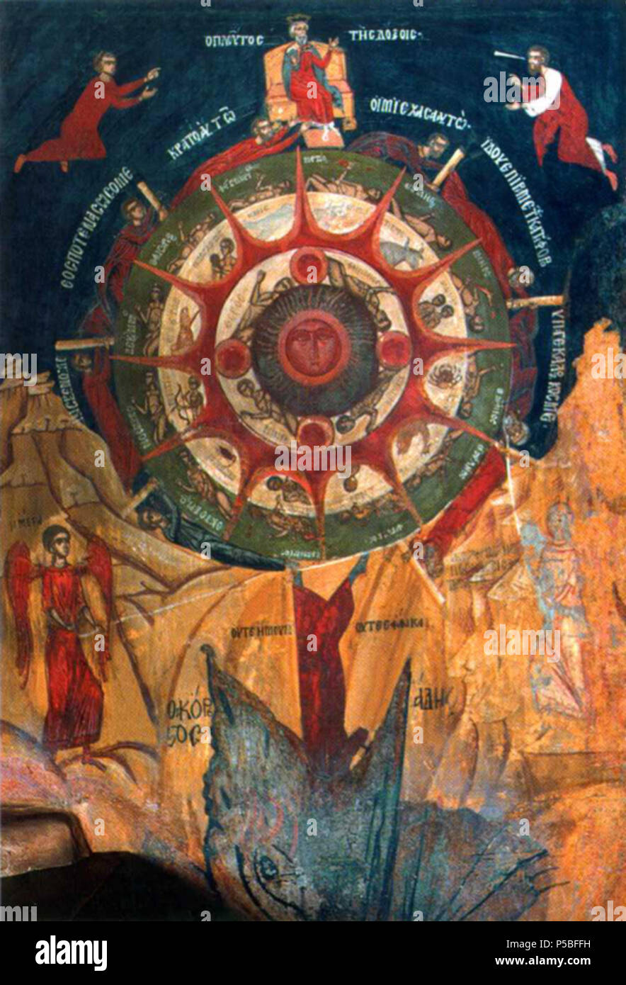 N/A.  English: Fresco 'Wheel of Life' (1649). Nativity Church, Arbanassi. . 1649. N/A 118 Arbanasi018 Stock Photo