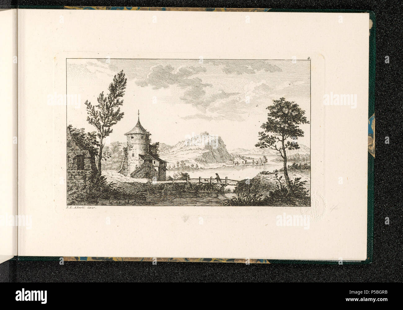 Prints and Drawings Department .  [Landschaft mit Turm]; 12. Landschäftlein inv. von J. L. Aberli (Blatt 8); [recto oben rechts]: 8. [unten links]: I.L. Aberli inv.[recto unten rechts mit Bleistift bezeichnet]: 4; Ideallandschaft. Brücke; Turm; Ruine; See . 1765.  Aberli, Johann Ludwig [MalerIn/ZeichnerIn] [Aberli, Johann Ludwig] [StecherIn] [Zingg, Adrian] [StecherIn] 288 CH-NB - -Landschaft mit Turm- - Collection Gugelmann - GS-GUGE-4-19 Stock Photo
