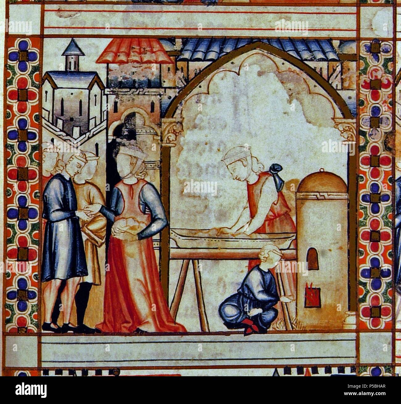 MS.B.R.20-CANTIGA STA MARIA-Nº258-F87-C-MUJERES HACIENDO PAN EN CASA-MINIATURA  S XIII. Author: Alfonso X of Castile the Wise (1221-1284). Location:  BIBLIOTECA NACIONAL COLECCIÓN, FLORENZ, ITALIA Stock Photo - Alamy