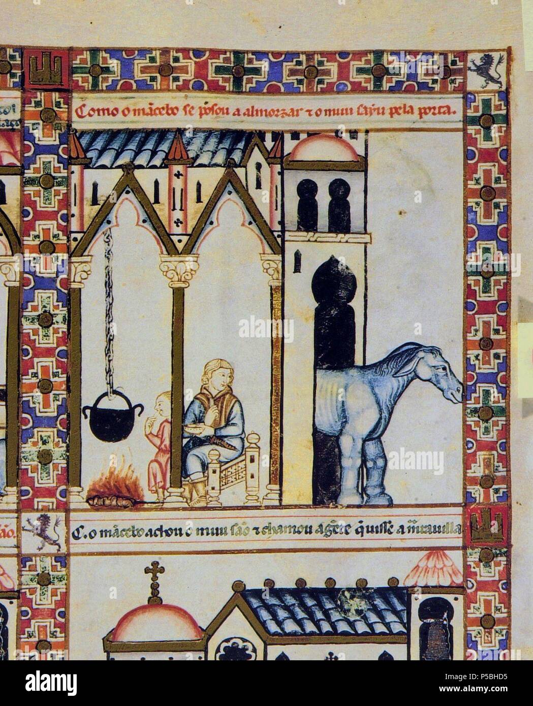 MS.B.R.20-CANTIGA STA MARIA-Nº228-F112-B-LABRADOR COMIENDO EN SU CASA CON SU HIJO-S XIII. Author: Alfonso X of Castile the Wise (1221-1284). Location: BIBLIOTECA NACIONAL COLECCIÓN, FLORENZ, ITALIA. Stock Photo