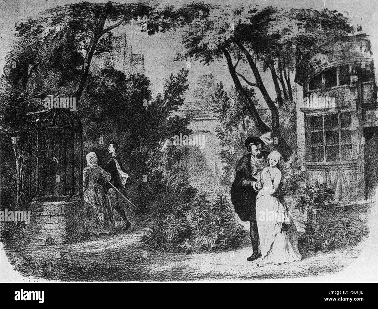 N/A. English: Margeurite's garden in Act 3 of the opera Faust by Gounod as presented in the original production at the Théâtre Lyrique on 19 March 1859. circa 1859. Pierre-Auguste Lamy (1827–1880), lithographer; Charles-Antoine Cambon (1802–1875) and Joseph Thierry (1811–1866), set designers 550 Faust by Gounod Act3 1859 engraving by Lamy NGO2p134 Stock Photo