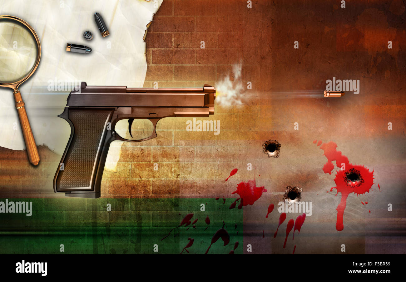 Criminality themed composition, showing a firing gun and some bullet holes. Digital illustration. Stock Photo