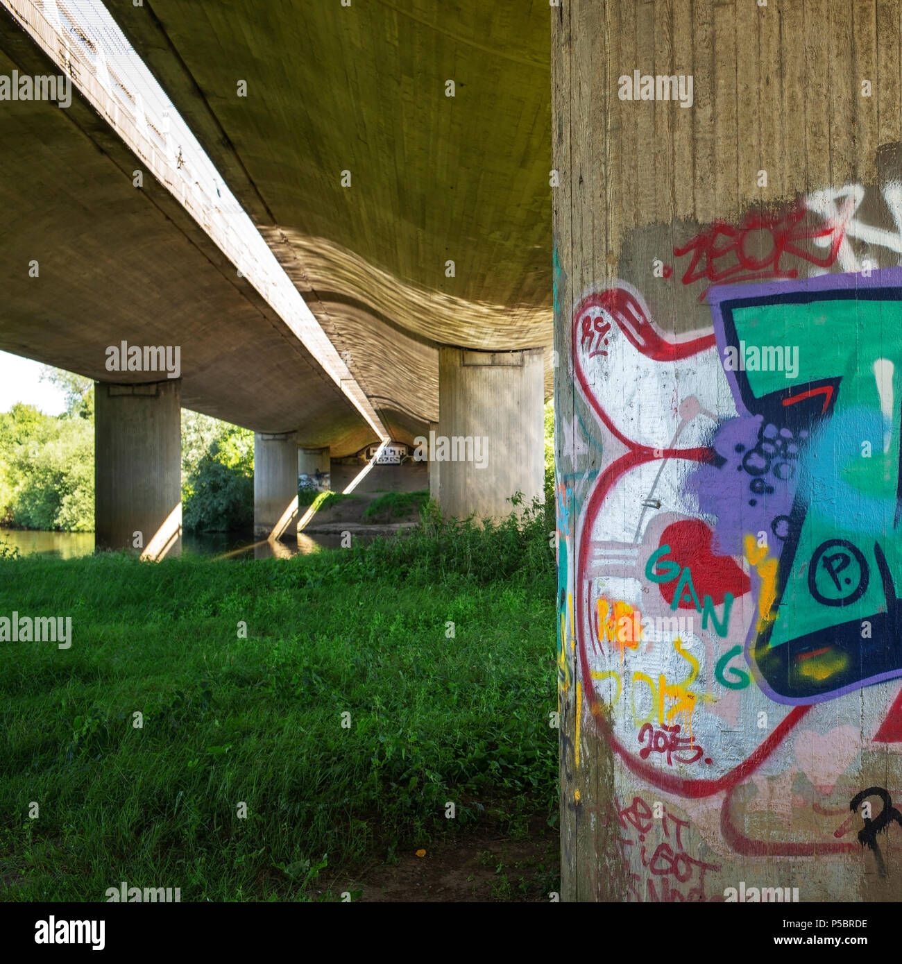 Art below the A64 overpass, Middlethorpe Ings, York, UK Stock Photo
