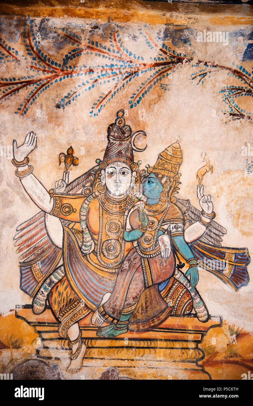 Nayaka painting on the inside wall of the cloister mandappa. Brihadishvara Temple, Thanjavur, Tamil Nadu, India Stock Photo