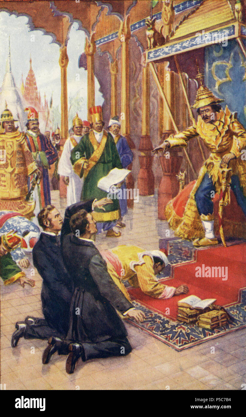 Coloured halftone of the emperor of Burma dismissing a petition from the Baptist missionary Adoniram Judson that Christians not be persecuted. From Judson the Hero of Burma, 1923. Stock Photo
