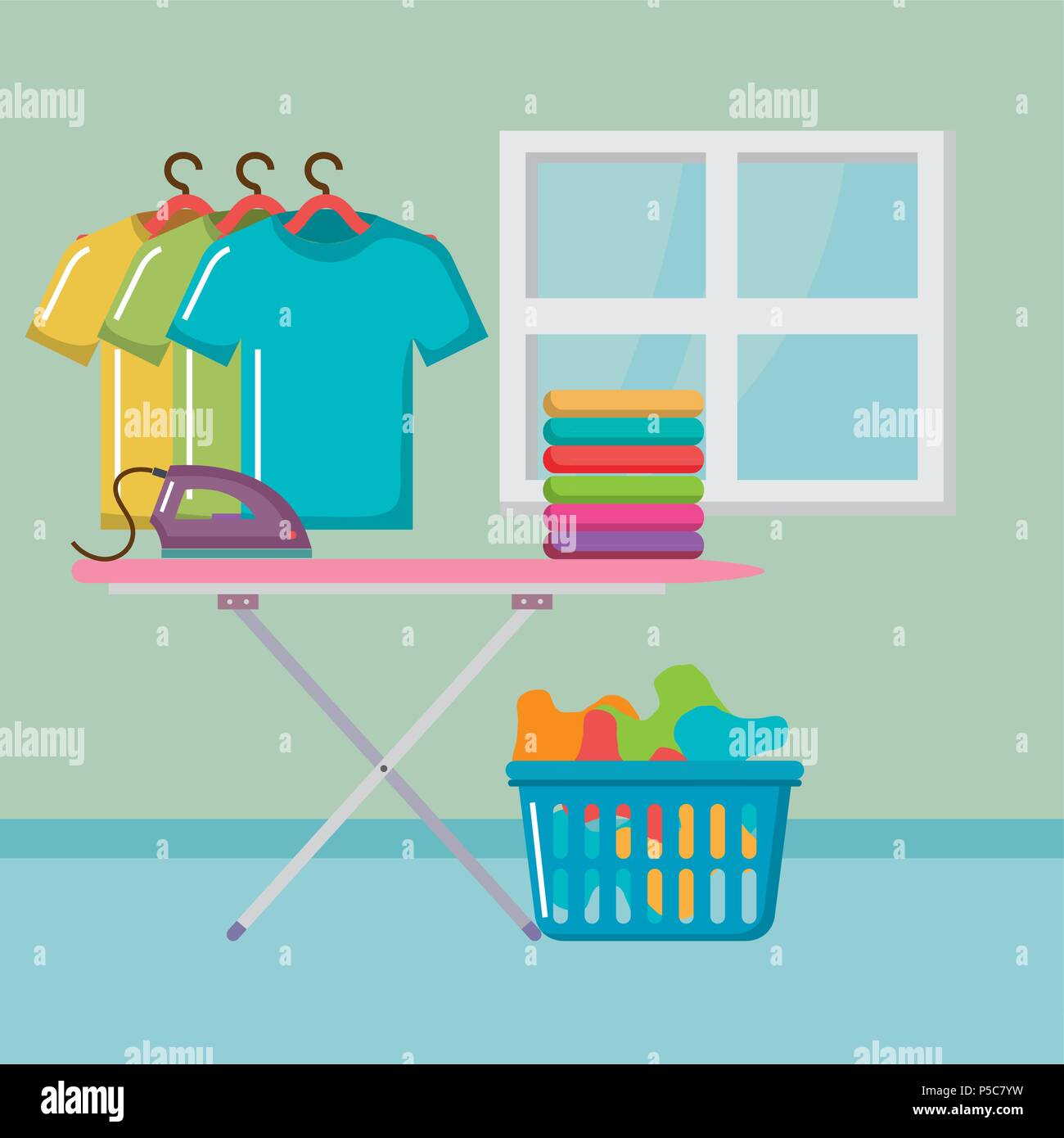 ironing board with laundry service icons vector illustration design