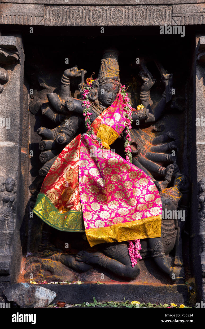 Durga in Shivakamasundari shrine, in her Mahishasuramardini form killing the buffalo demon below her foot, Nataraja Temple Chidambaram, Tamil Nadu Stock Photo