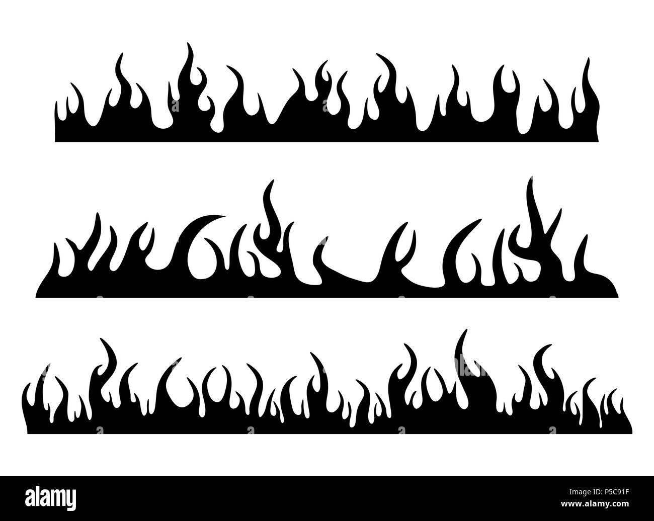 Burning fire flame silhouette set banner horizontal design isolated on white Stock Vector