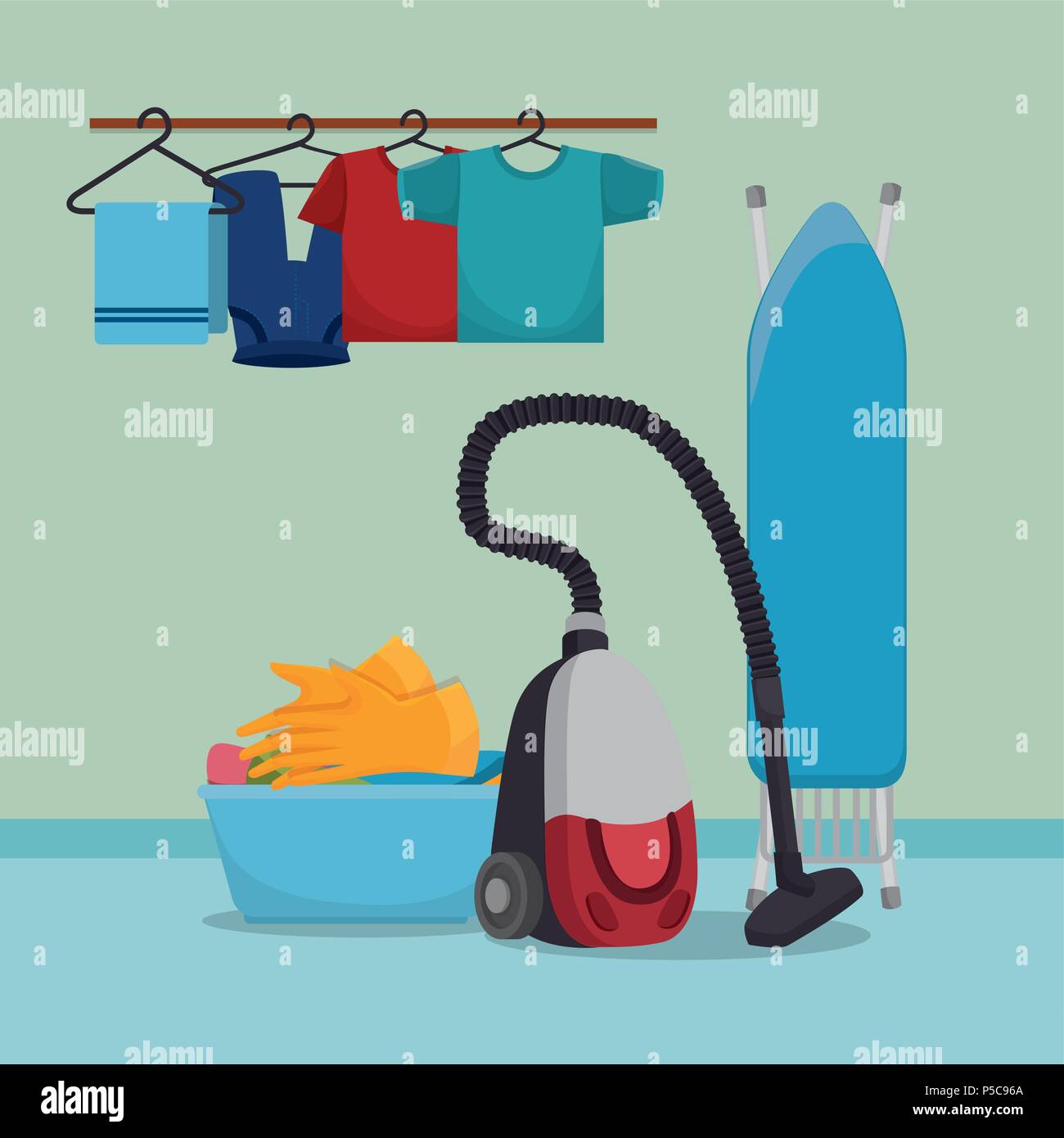 vacuum cleaner with laundry service vector illustration design Stock