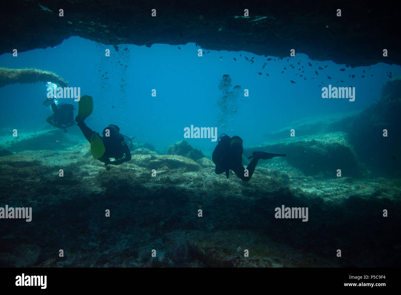 divers comes out of an underwater cave, fuerteventura canary islands ...