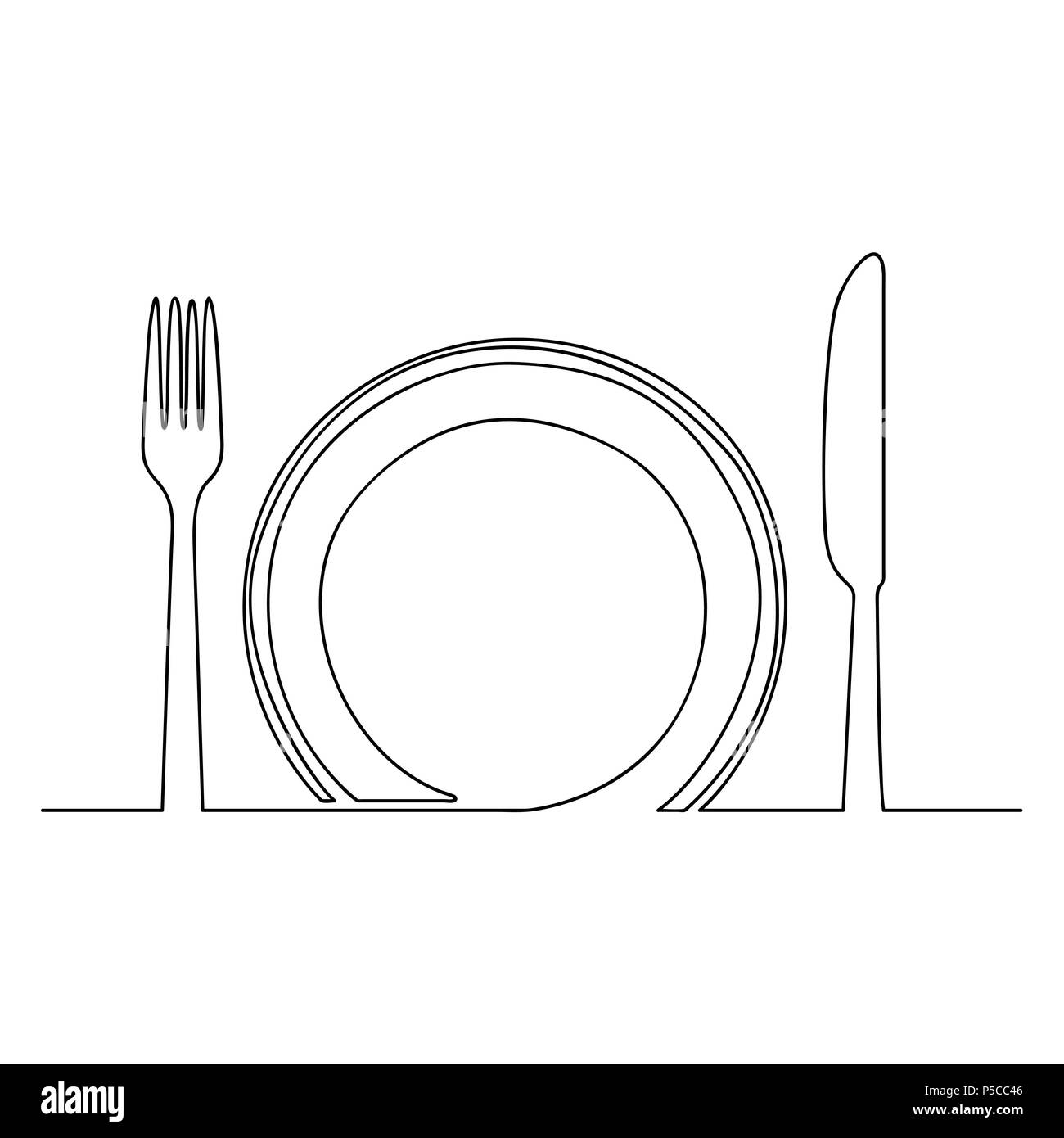 Empty plate, fork and knife, one line drawing isolated on white background-Vector One Line Drawing Vector Illustration. Stock Vector