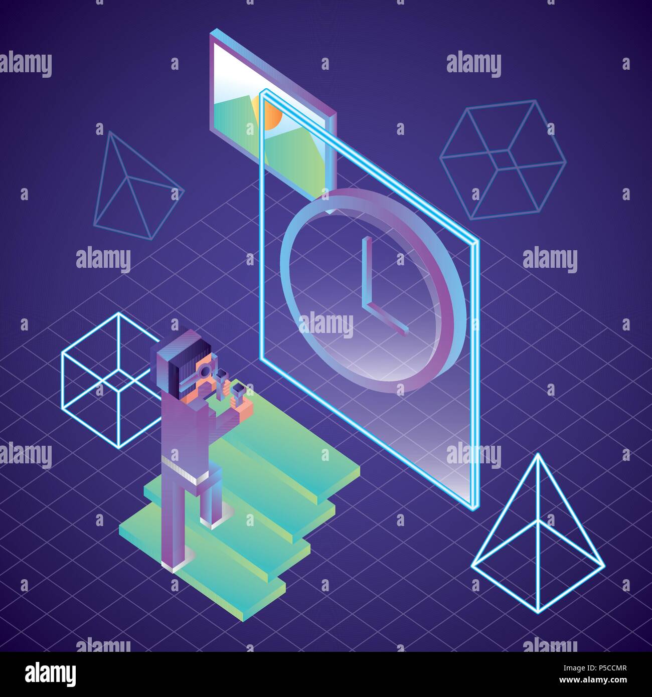 man using virtaul reality glasses screen clock illustration, vector ...