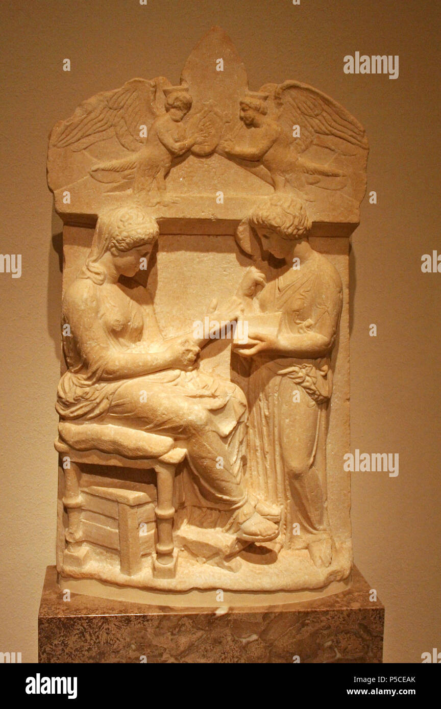 Grave Relief of a Woman with a Female Servant So-called Siren Relief  circa 400 BC. N/A 89 Altes Museum - Sirenenrelief Stock Photo