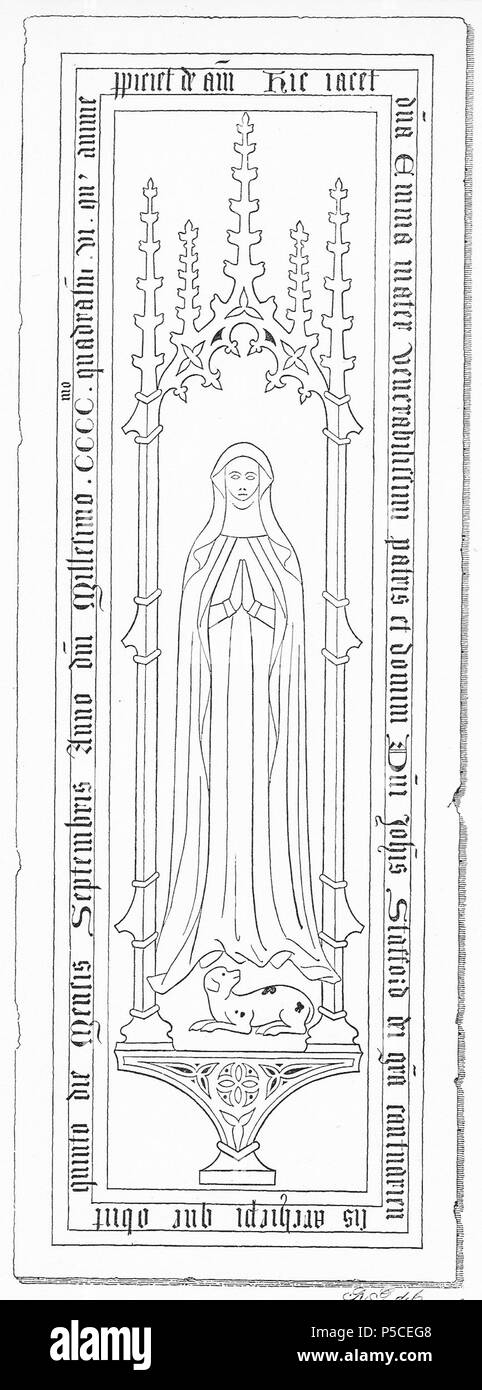 N/A. English: Effigy of Emma, mother of Archbishop John Stafford(d.1452), North Bradley Church, Wiltshire. Inscription in ledger-line: hic jacet d(omin)a Emma mater Venerabilissimi patris et domini D(omi)ni Joh(ann)is Stafford dei gra(tia) Cantuariensis Archiepi(scopi) que obiit quinto die mensis Septembris anno d(omi)ni Millesimo ccc.mo quadra(gen)s(i)mo vi.o cui(us) anime p(ro)piciet(ur) de(us) am(en) ('Here lies Lady Emma mother of the most venerable father and lord, Lord John Stafford by the grace of God Archbishop of Canterbury who died on the 5th day of the month of September in the one  Stock Photo