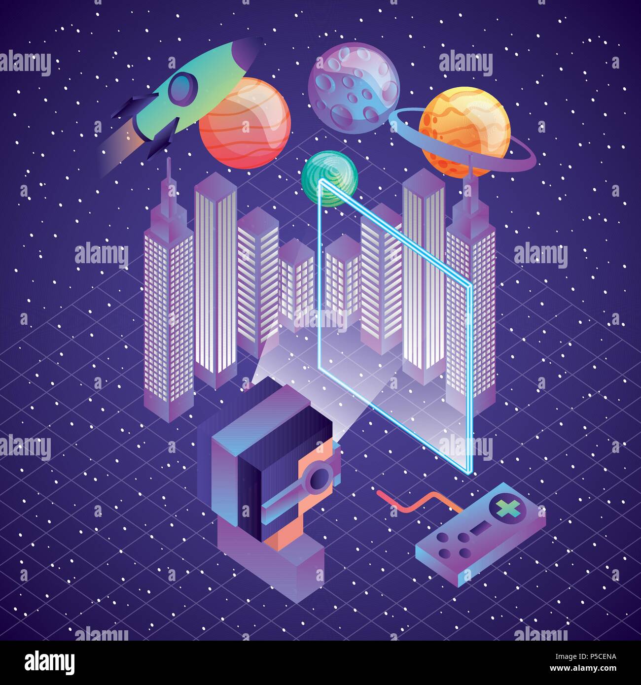 man using vr headset control watching city space rcoket and planets illustration, vector, Stock Vector