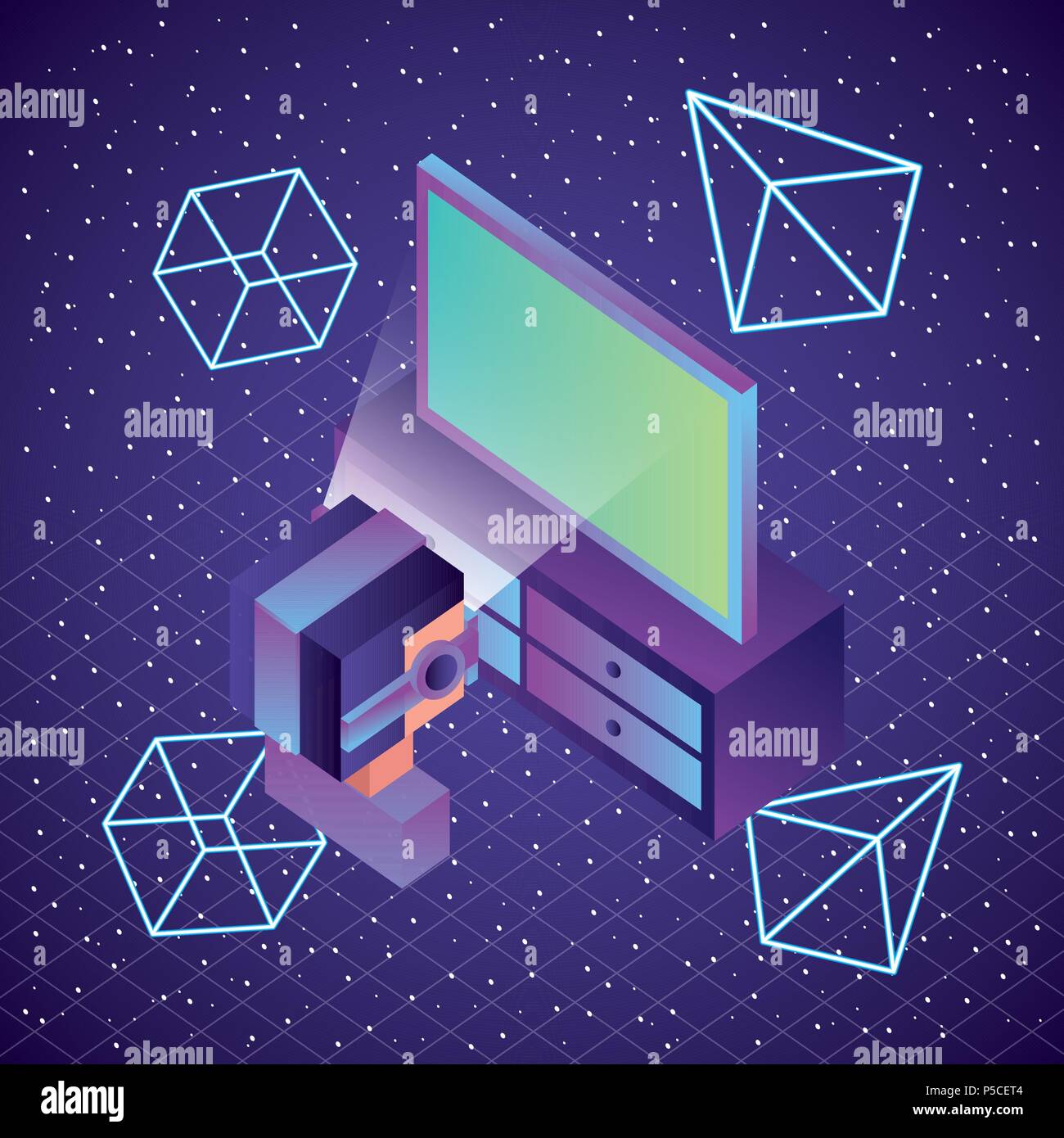 gamer using vr goggles watching screen 3d illustration, vector, Stock Vector