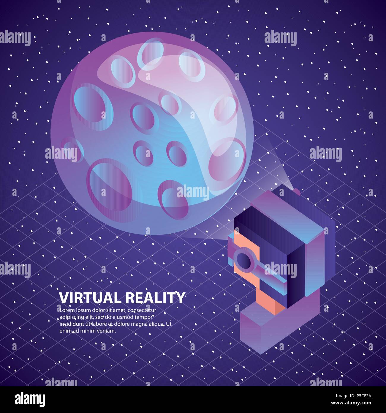 gamer using virtual reality glasses watching moon illustration, vector, Stock Vector