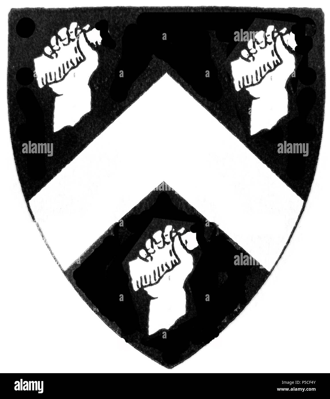 N/A. English:   TO BE DELETED, replaced by better version: File:DeStevenstoneArmorials.PNG ***Arms of de Stevenstone family lords of manor of Stevenstone, in parish of St Giles in the Wood, near Great Torrington, Devon: Argent, a chevron between three hands grasping a flintstone sable    . 19th century. Unknown 440 DeStevenstoneArms Stock Photo