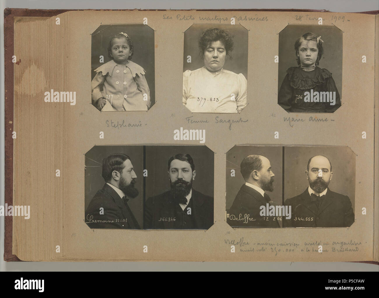 [Album of Paris Crime Scenes] .  English: Alphonse Bertillon, the chief of criminal identification for the Paris police department, developed the mug shot format and other photographic procedures used by police to register criminals. Although the images in this extraordinary album of forensic photographs were made by or under the direction of Bertillon, it was probably assembled by a private investigator or secretary who worked at the Paris prefecture. Photographs of the pale bodies of murder victims are assembled with views of the rooms where the murders took place, close-ups of objects that  Stock Photo