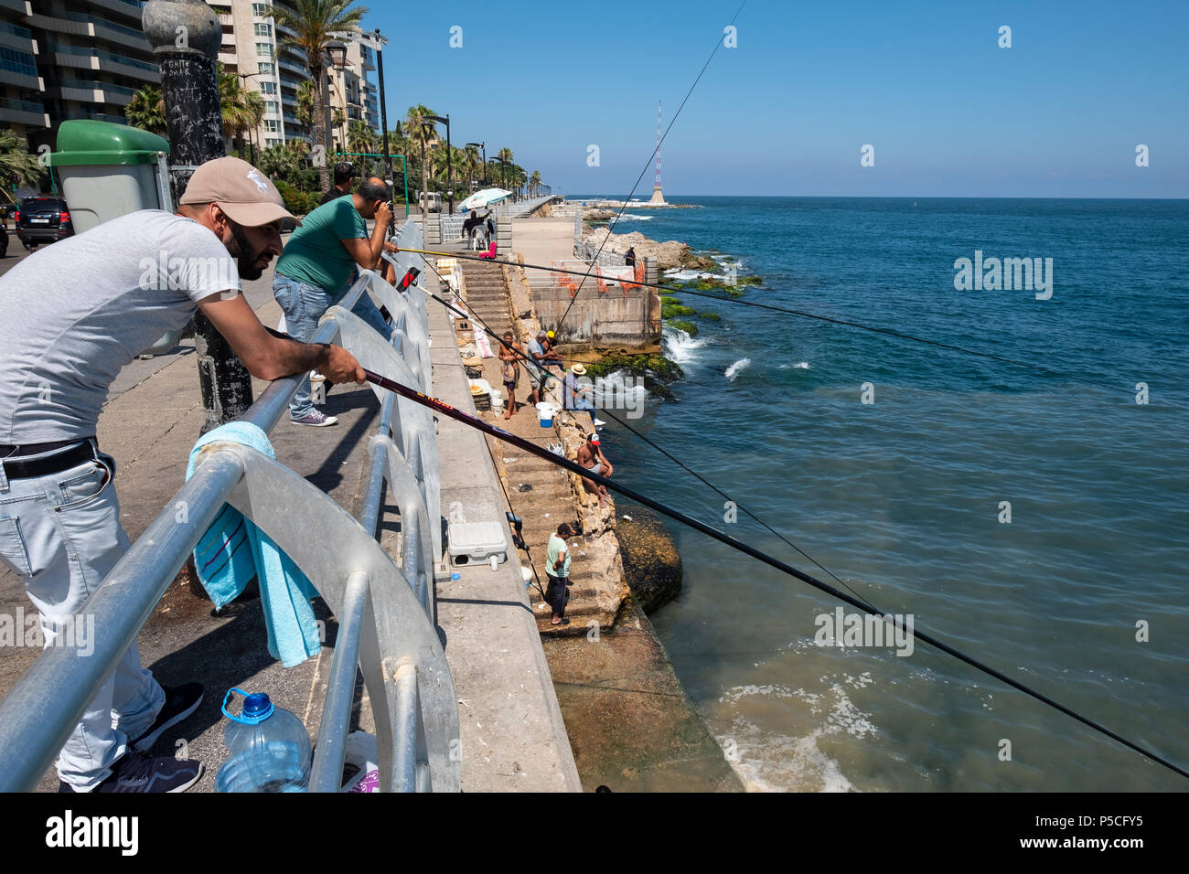 Men fishing from the Corniche in Beirut, Lebanon Stock Photo Alamy