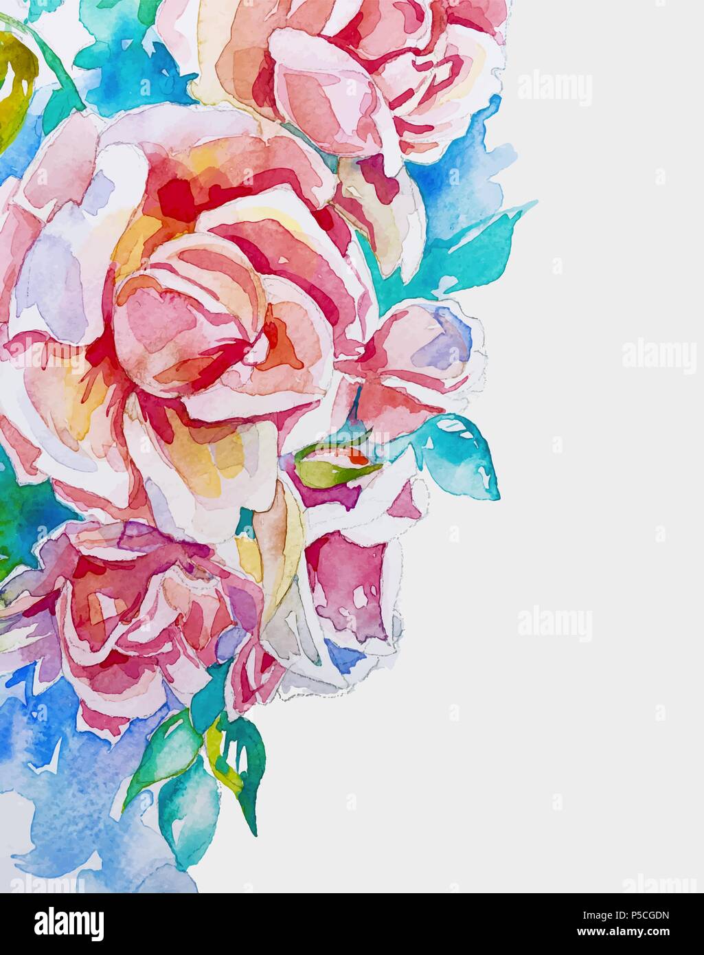Hand Made Watercolor Pink Roses Corner To Banner Design Stock