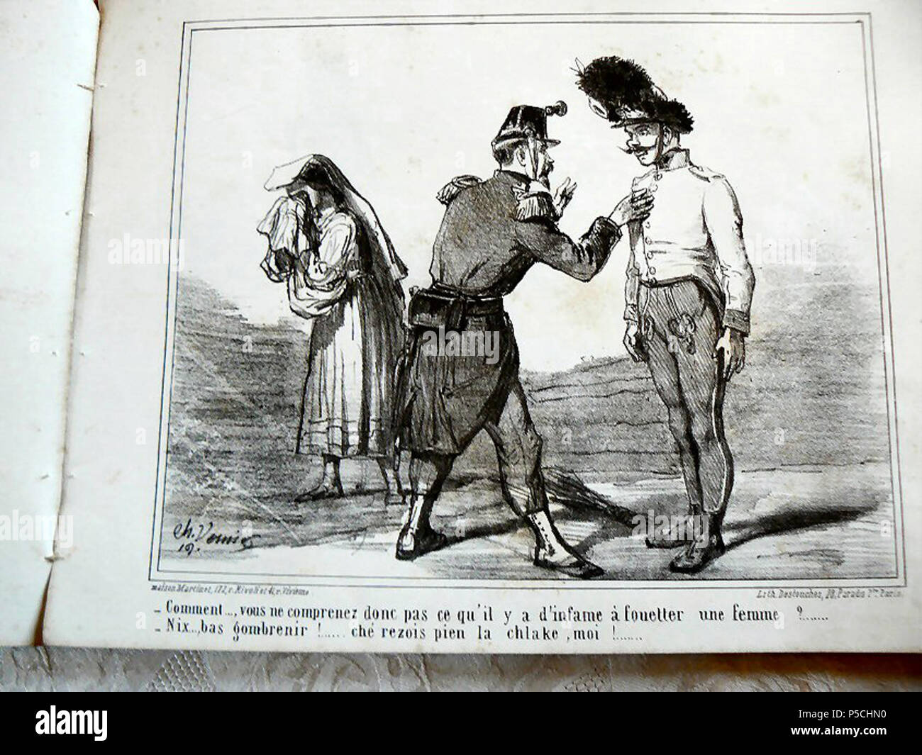 N/A. Français : Litographie par Charles Vernier de l'album Ces bons Autrichiens par Daumier et Vernier. Un militaire français reproche à un militaire autrichien de battre sa femme. Celui-ci répond qu'il est, lui, battu à « la schlague ». 1860.   Charles Vernier  (1831–1892)     Description French caricaturist and lithographer  Date of birth/death 1813 1887  Location of birth/death Paris Versailles  Authority control  : Q2960385 VIAF:14981426 ISNI:0000 0001 2121 7856 ULAN:500124980 LCCN:n85042791 GND:115615873 WorldCat 438 Des excuses pour battre sa femme Stock Photo