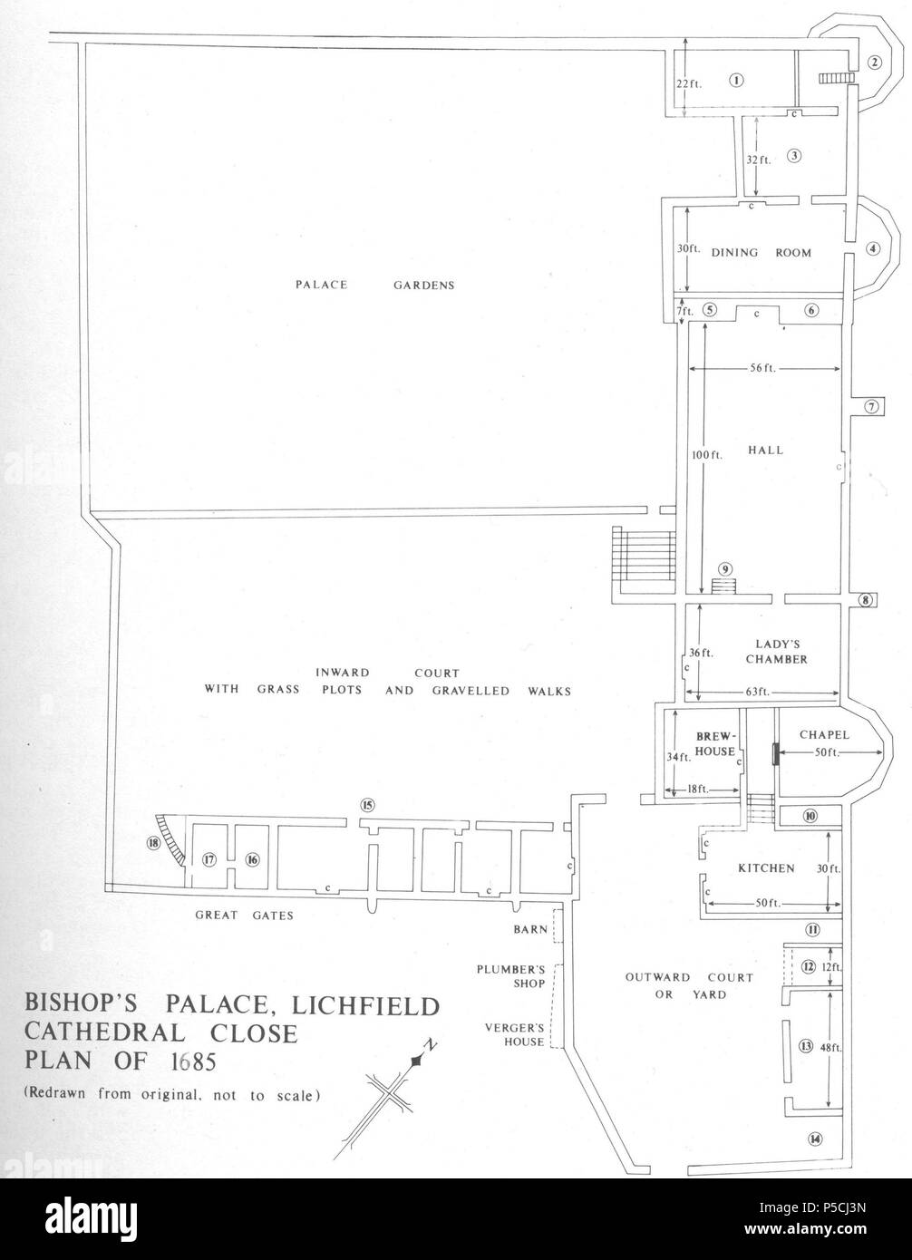 N/A. English: Bishop's Palace, Lichfield Cathedral Close, plan of 1685. Key: 1: Lodging or other room 2: Tower, 52ft high, each edge 13ft on the outside 3: Bishop's Lodging room 4: Second tower, each edge 10ft 5 & 6: Pantry 7 & 8: Buttery (i.e. buttress) made out into the Dimples 9: Stairs into passage under Ladies Chamber 10: Open ground for a sough for the rain water from the roofs of the chapel and kitchen 11: Open ground for pens for poultry etc. 12: Coach house with folding doors 13: Stables 14: Where there was a dunghill 15: Lodging rooms for the Bishop's gentlemen, 20ft high 16: Porter' Stock Photo