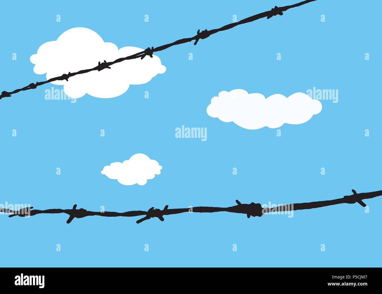 Barbed wire with blue sky with background clouds, with space for your text - vector Stock Vector
