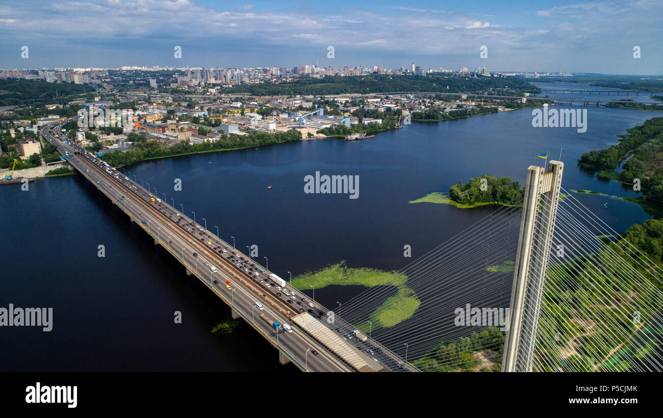 Aerial view of the South Bridge. Aerial view of South subway cable bridge. Kiev, Ukraine. Stock Photo