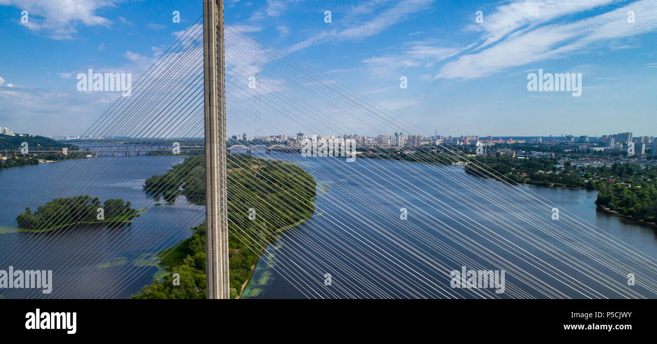 Aerial view of the South Bridge. Aerial view of South subway cable bridge. Kiev, Ukraine. Stock Photo