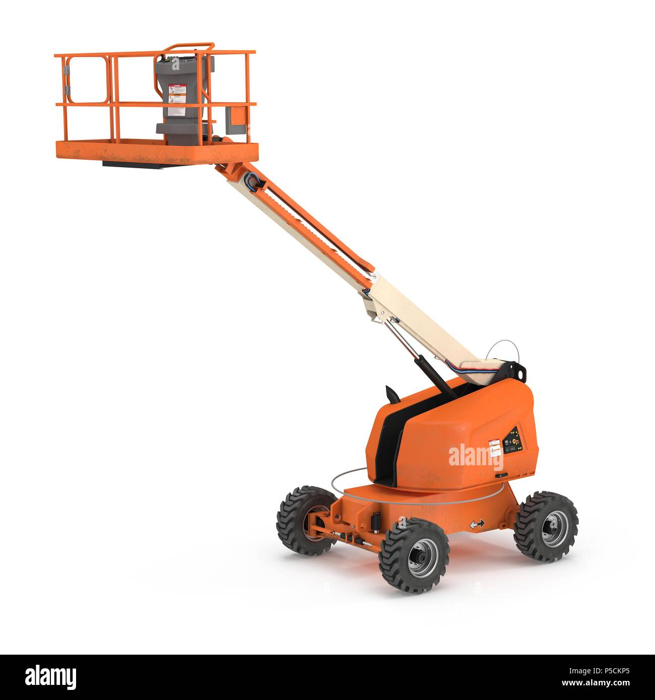 Orange self propelled articulated wheeled lift with telescoping boom and  basket on white. 3D illustration Stock Photo - Alamy