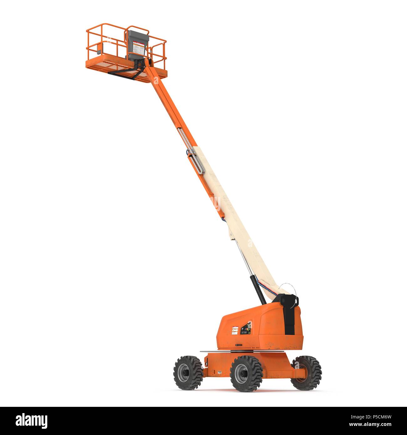 Self propelled wheeled boom lift with telescoping boom and basket on