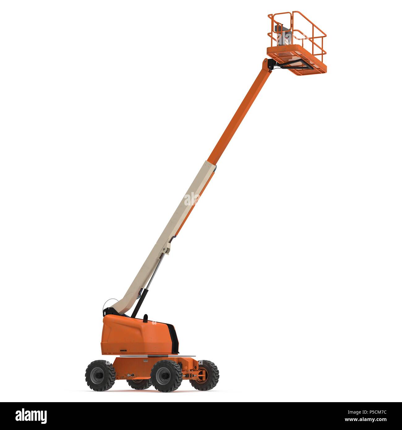 Self propelled wheeled boom lift with telescoping boom and basket on white. 3D illustration Stock Photo