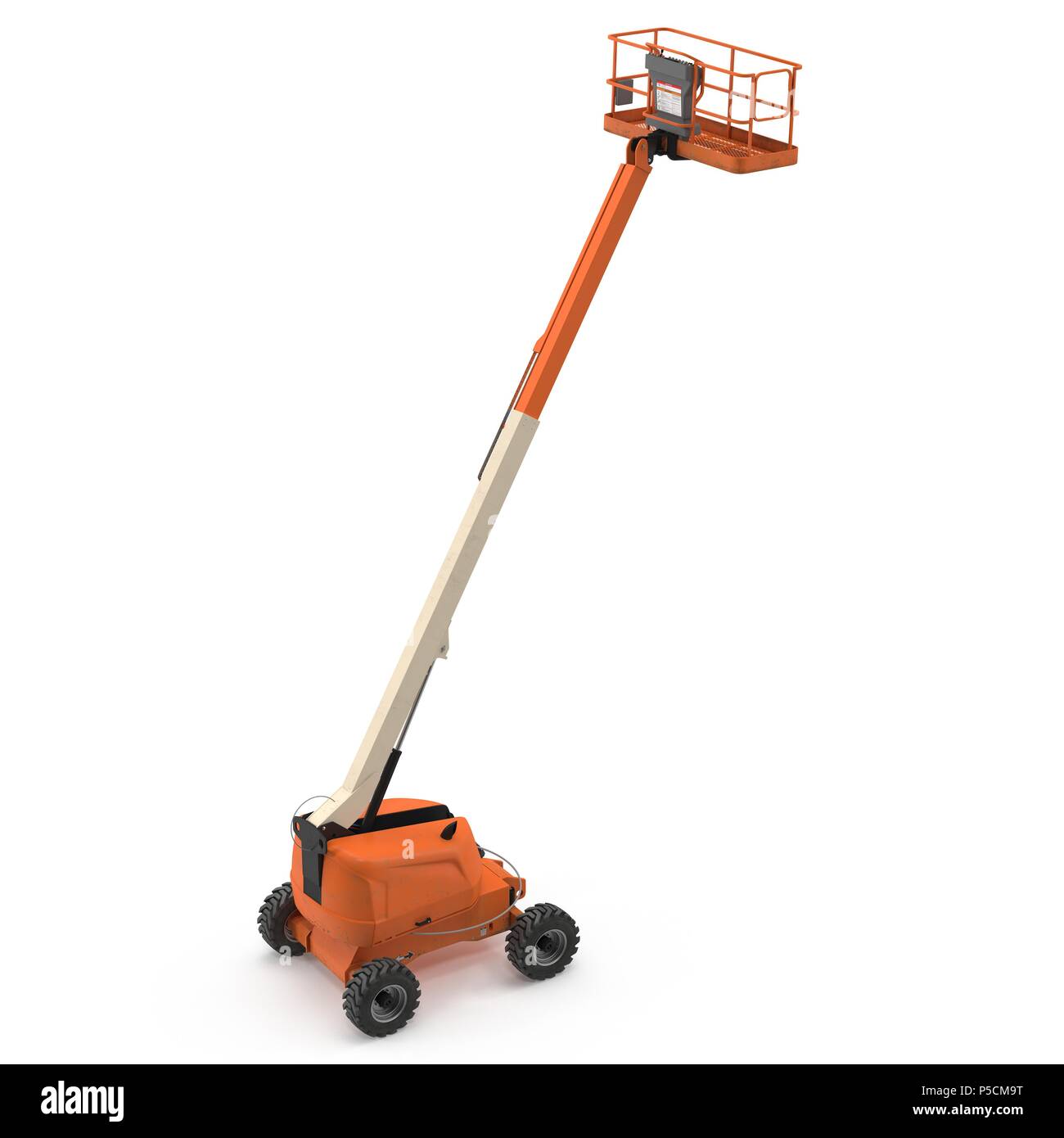 Self propelled wheeled boom lift with telescoping boom and basket on white. 3D illustration Stock Photo
