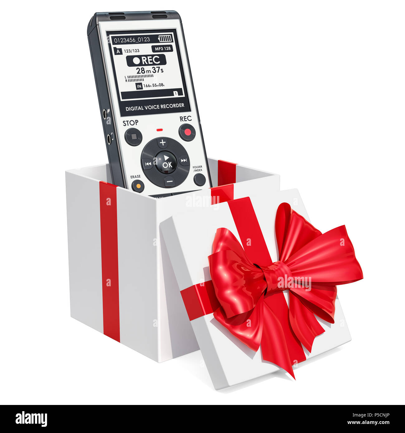 Digital voice recorder inside gift box, gift concept. 3D rendering