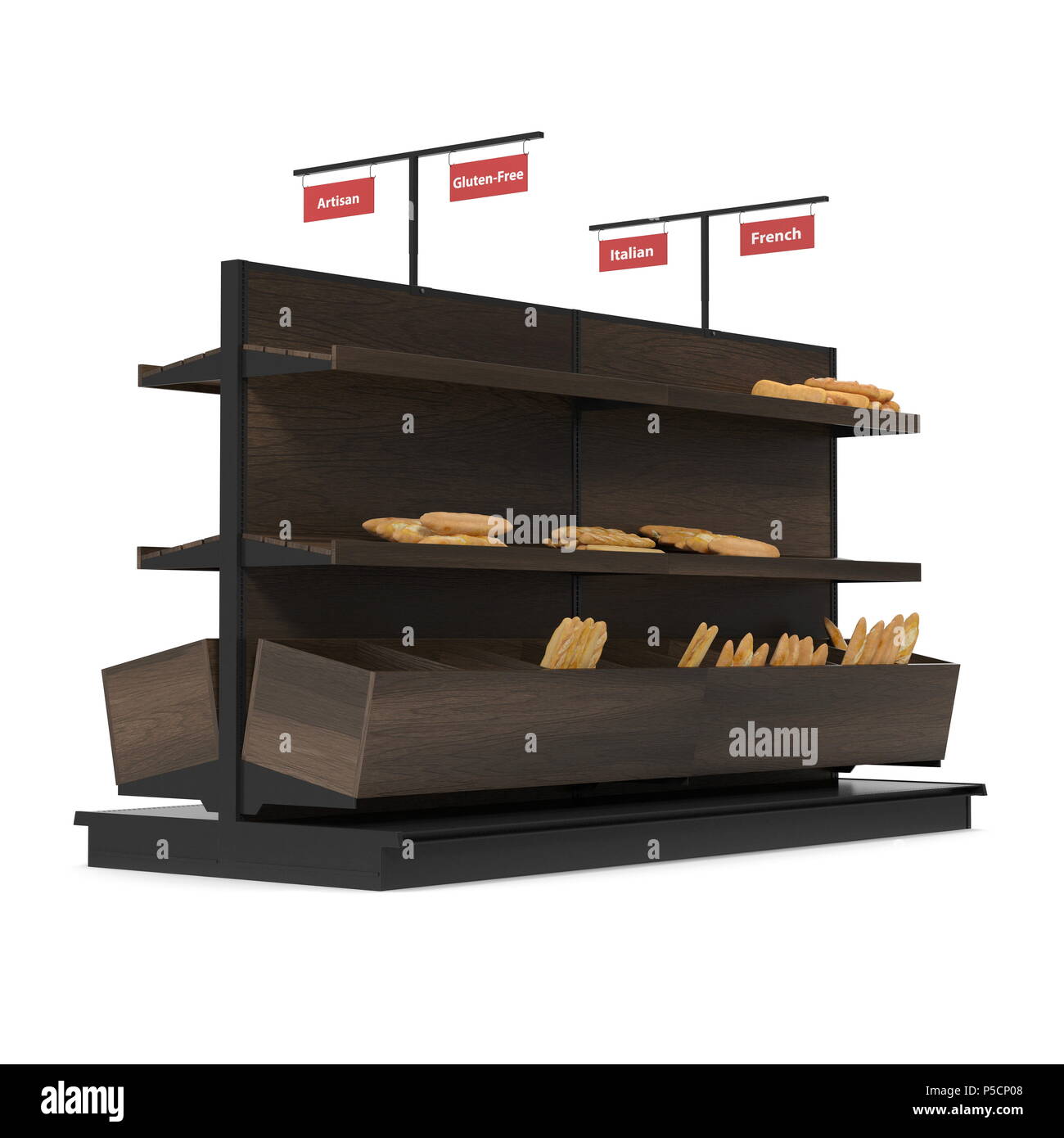 Wooden Bakery Display Shelves on white. 3D illustration Stock Photo Alamy