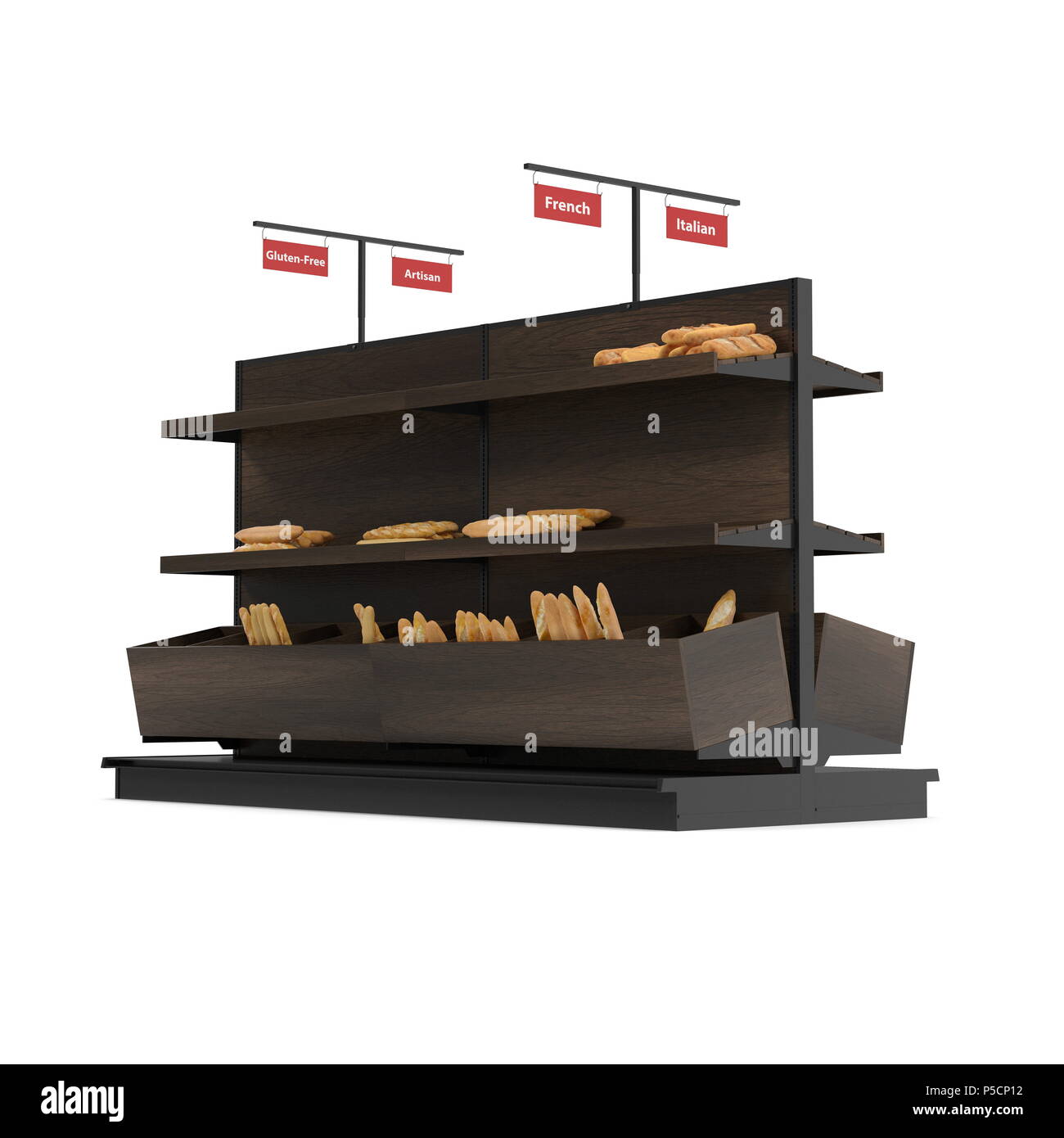 Wooden Bakery Display Shelves on white. 3D illustration Stock Photo Alamy